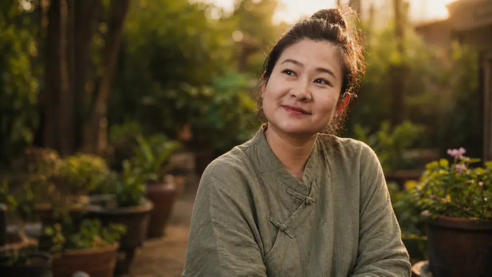 Lee enjoying tea in a traditional Chinese courtyard — connecting ancient wisdom with everyday life